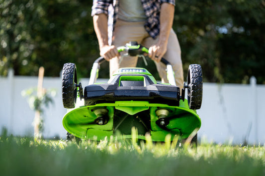A Greenworks lawn mower.