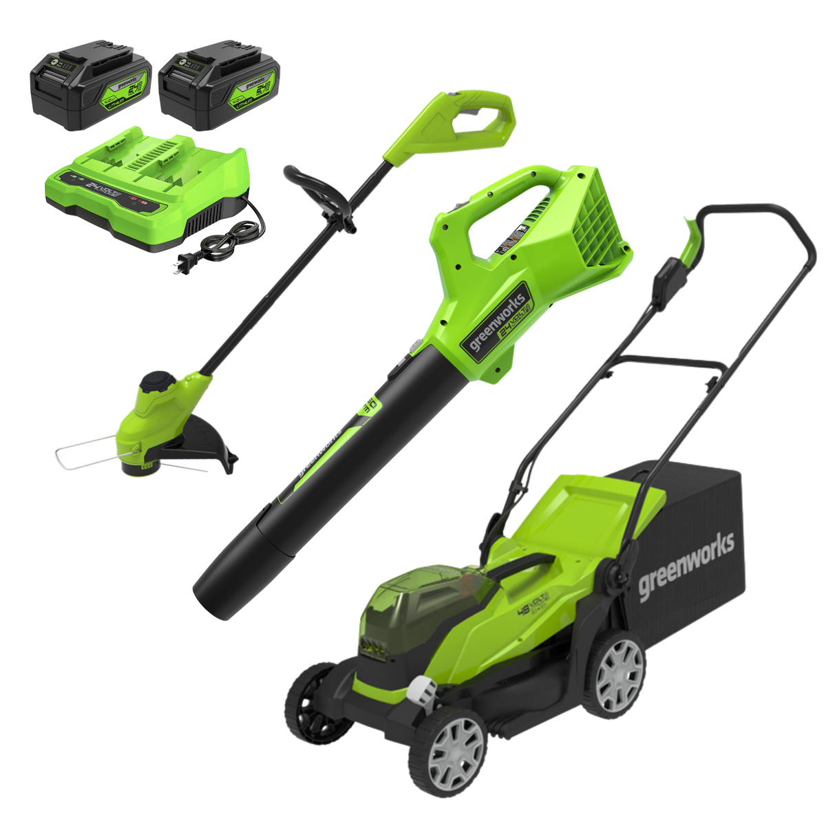 48V (24V x 2) 14" Cordless Battery Push Lawn Mower, 320CFM Leaf Blower and 10" String Trimmer Combo Kit: (2) 4.0 Ah USB Batteries and Dual-Port Charger