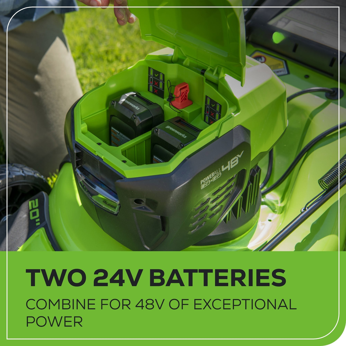 48V (24V x 2) 20" Cordless Battery Push Mower 3pc Combo Kit: (2) 4.0 Ah Batteries and Dual-Port Chargers