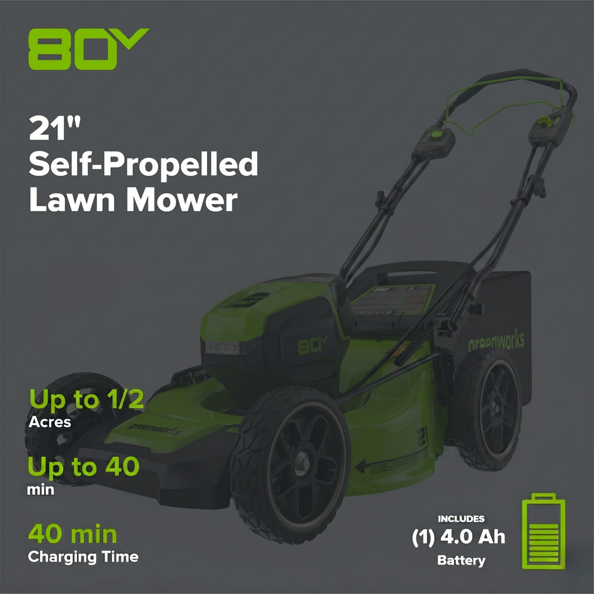 80V 21" Self-Propelled Mower 5-pc Combo Kit, (1) 4Ah Battery, (1) 2Ah Battery and (2) Chargers