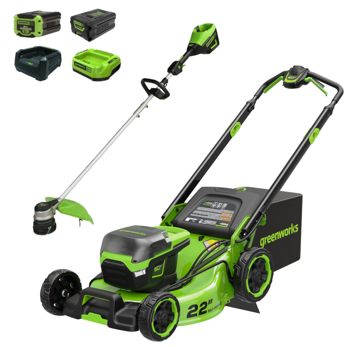 60V 22" Cordless Battery Self-Propelled Mower and 16" String Trimmer Combo Kit, (1) 8.0 Ah and (1) 2.5 Ah Batteries and (2) Chargers