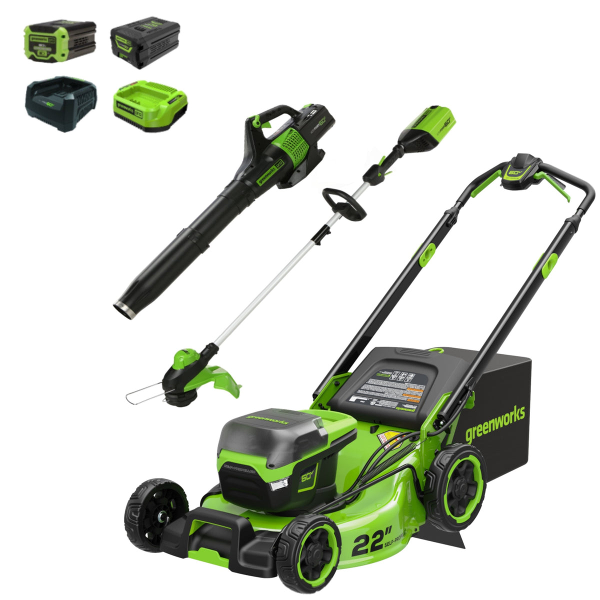 60V 22" Cordless Battery Self-Propelled Mower Combo Kit, String Trimmer and Blower