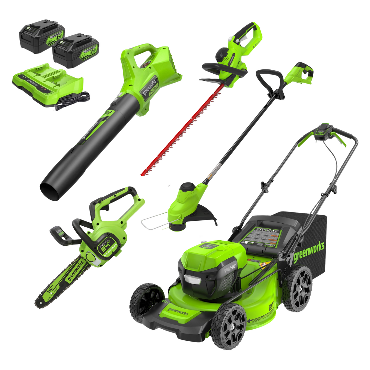 48V (24V x 2) 21" Cordless Battery Self-Propelled Mower 5PC Combo Kit: (2) 5.0Ah Batteries and Chargers