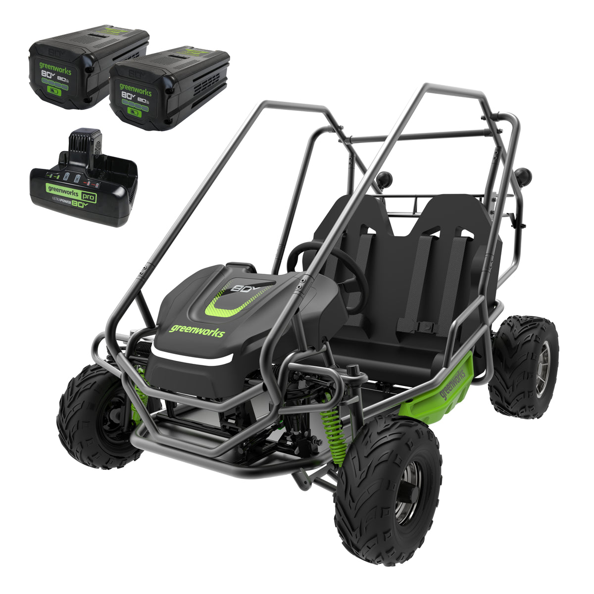 80V STEALTH Series All-Terrain 2-Seat Electric Youth Go-Kart: (2) 8.0 Ah Batteries and Dual-Port Charger