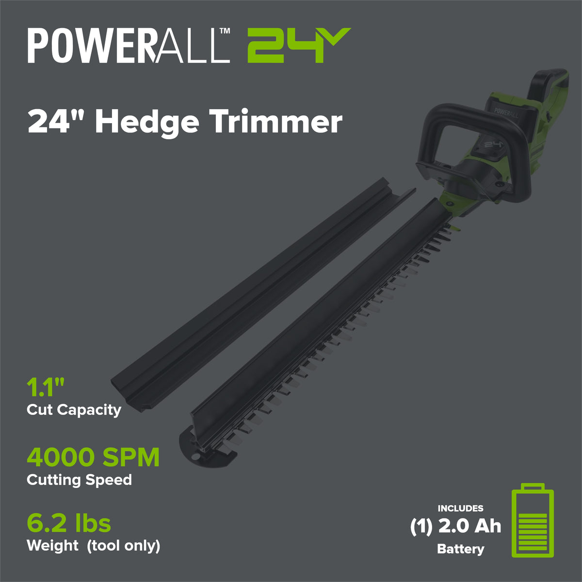 24V 24" Cordless Battery Hedge Trimmer: 2.0 Ah Battery and 2A Charger