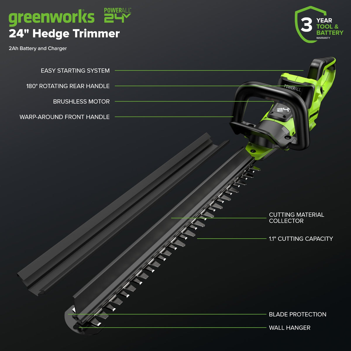 24V 24" Cordless Battery Hedge Trimmer: 2.0 Ah Battery and 2A Charger