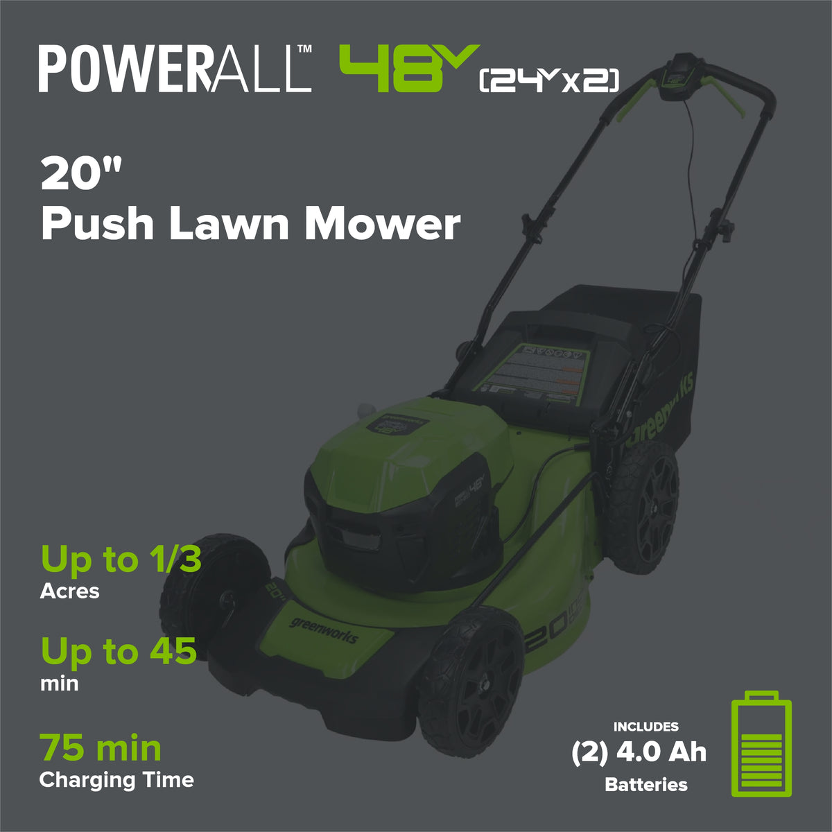48V (24V x 2) 20" Cordless Battery Push Mower 3pc Combo Kit: (2) 4.0 Ah Batteries and Dual-Port Chargers