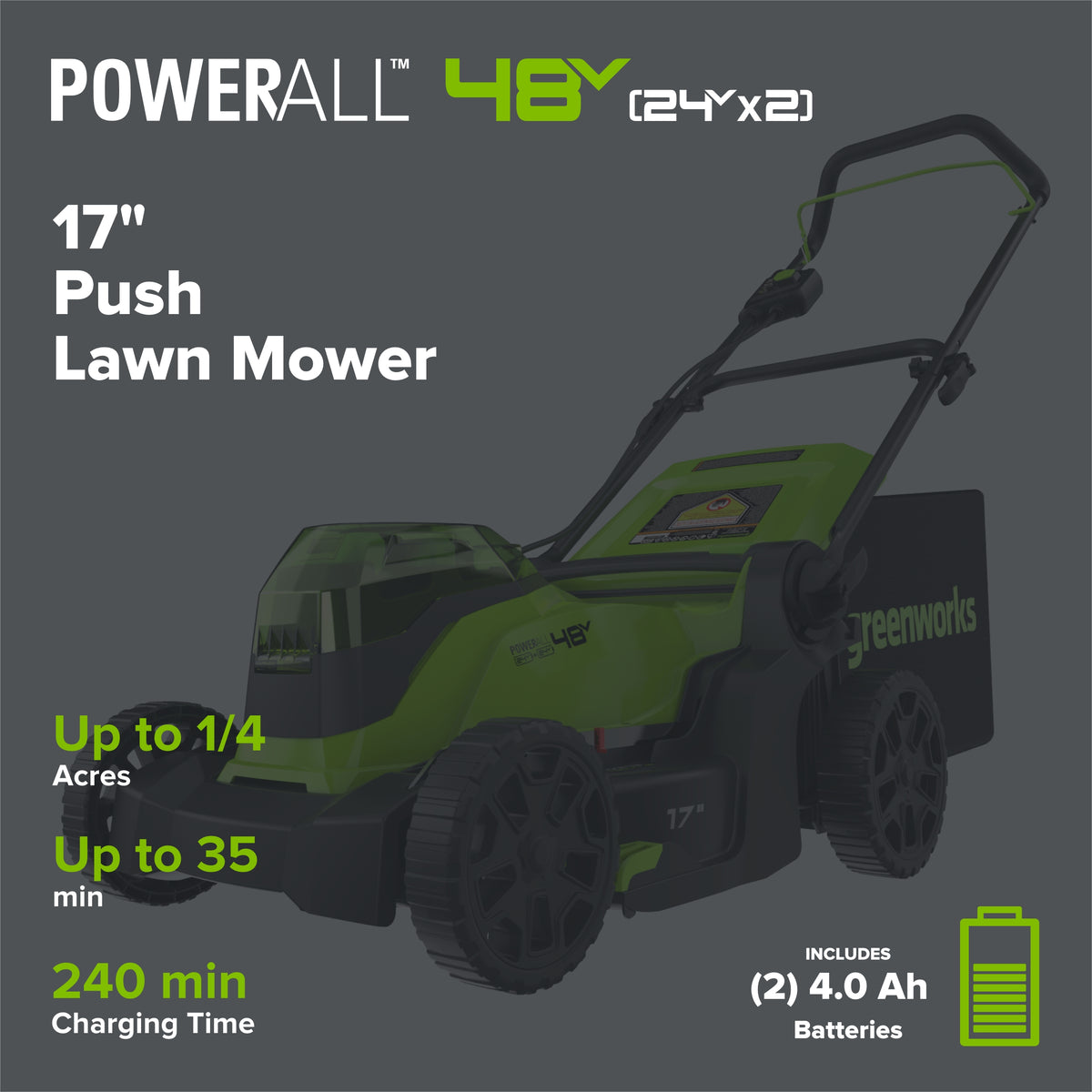48V (24V x 2) 17" Push Cordless Lawn Mower, 320CFM Leaf Blower and 12" String Trimmer Combo Kit: (2) 4.0 Ah USB Batteries