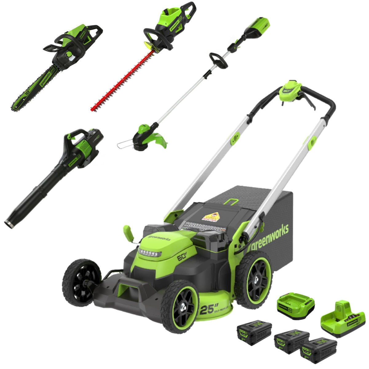 60V 25" Dual Blade Self-Propelled Mower 5-pc Combo Kit, (3) 4.0 Ah Batteries, (1) Single Port Chargers and (1) Dual-Port Charger