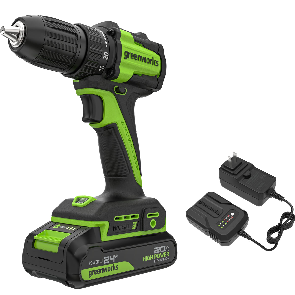 24V Cordless Battery 1/2" 400 in-lbs Drill / Driver: 2.0 Ah Batteries and Charger