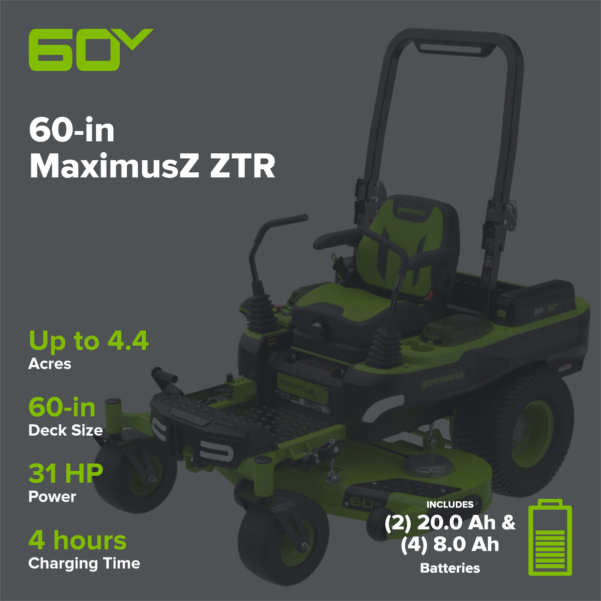 60V 60" MaximusZ Zero Turn: (2) 20.0 Ah, (4) 8.0 Ah Batteries and 1.5kW Charger, MZ6061