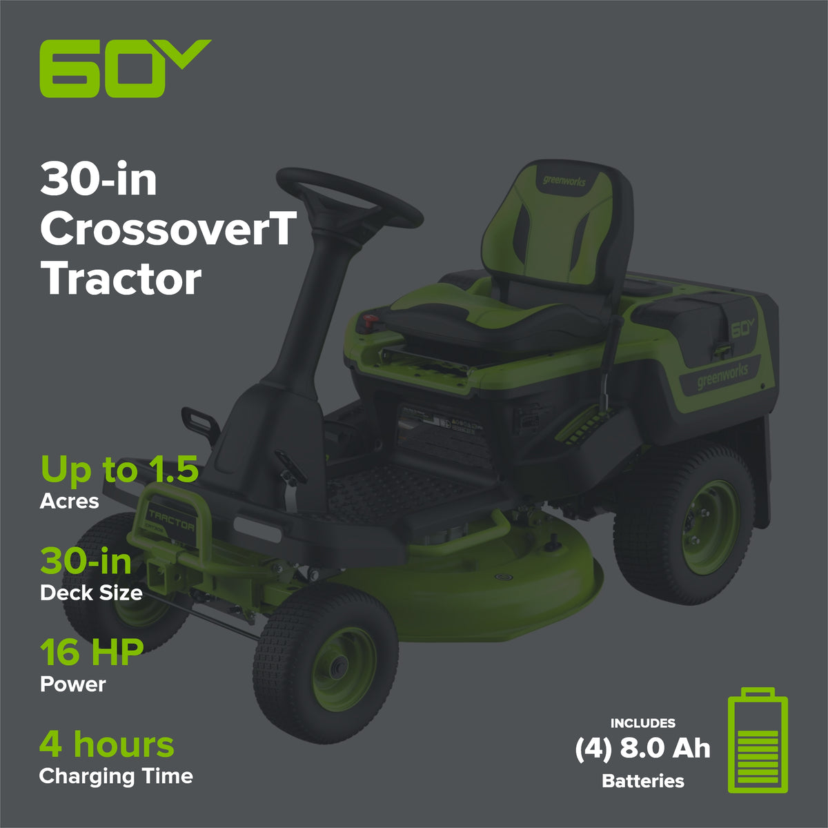60V 30" CrossoverT Riding Lawn Tractor with (4) 8.0 Ah Batteries and 600-Watt Charger, CRT3062