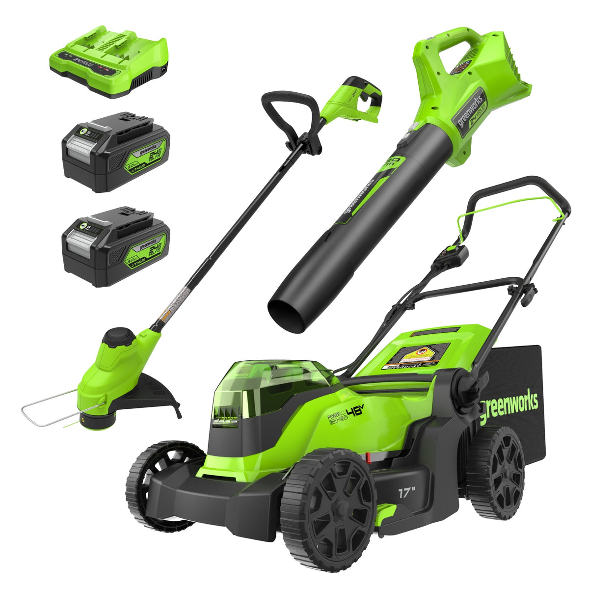 48V (24V x 2) 17" Push Cordless Lawn Mower, 320CFM Leaf Blower and 12" String Trimmer Combo Kit: (2) 4.0 Ah USB Batteries