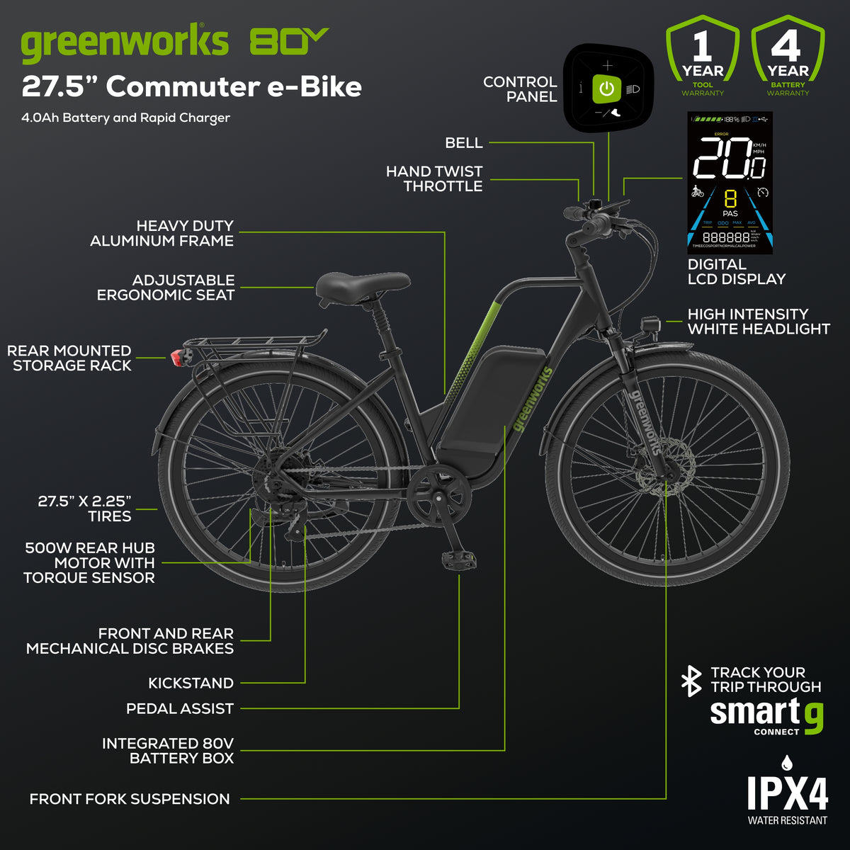 80V VENTURE Series 27.5" Electric Commuter Bike, 4Ah Battery and Charger