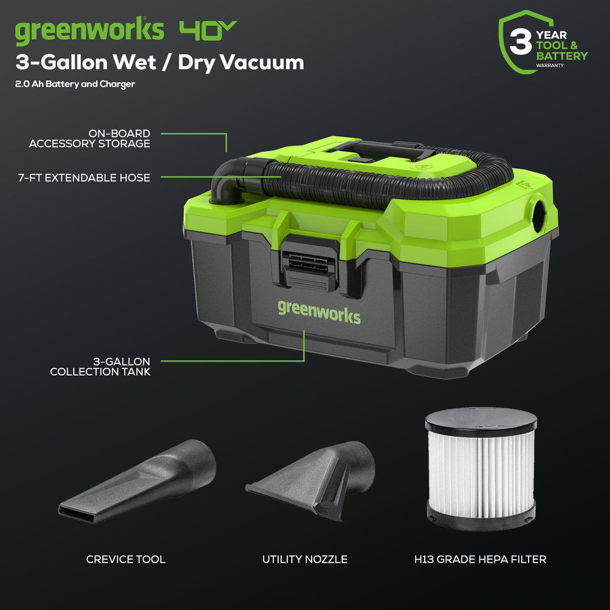 40V Brushless 3 Gallon Cordless Battery Wet/Dry Shop Vacuum: 4.0 Ah Battery and Charger