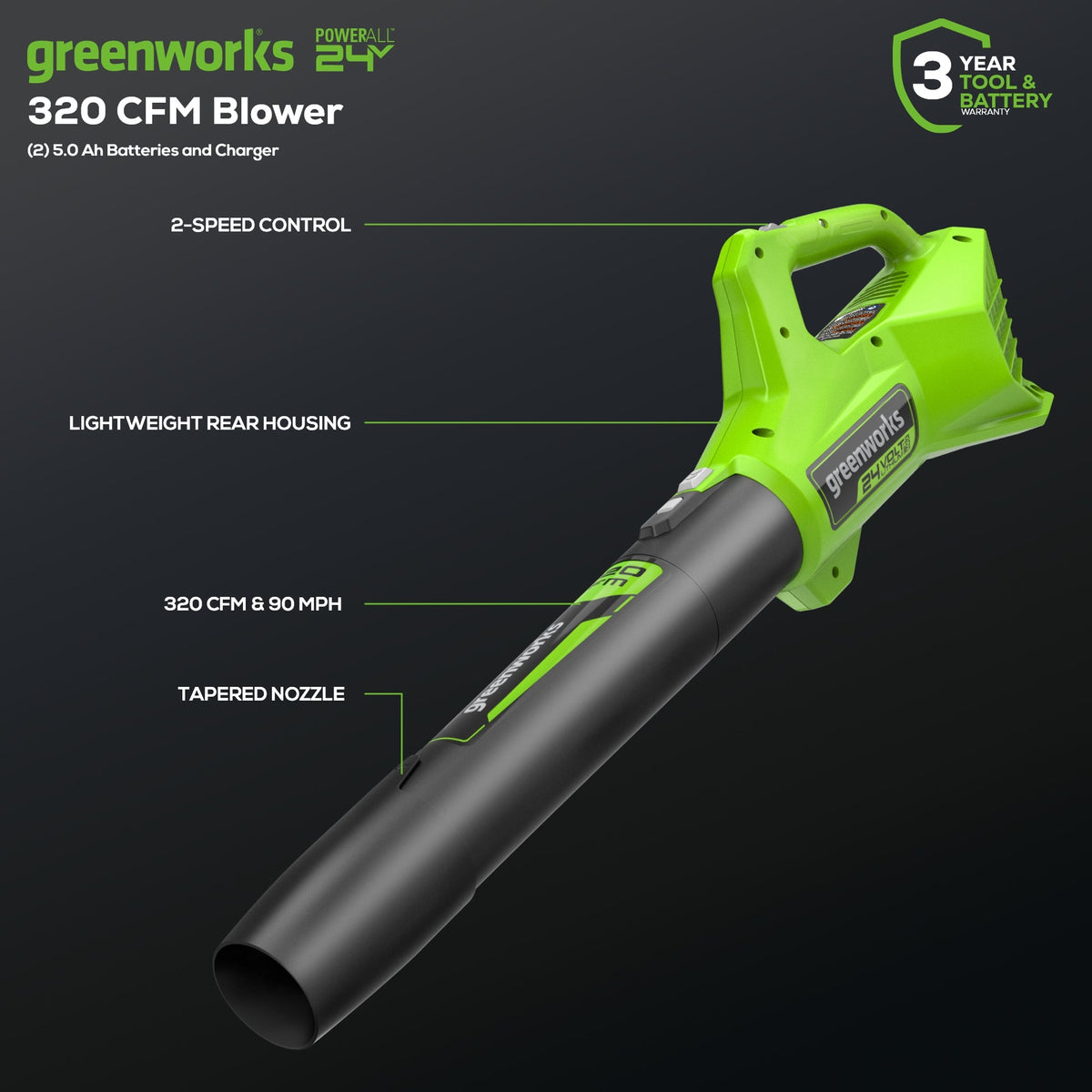 48V (24V x 2) 21" Cordless Battery Self-Propelled Mower, 12" String Trimmer and 320 CFM Blower Combo Kit: (2) 5.0Ah Batteries and Chargers