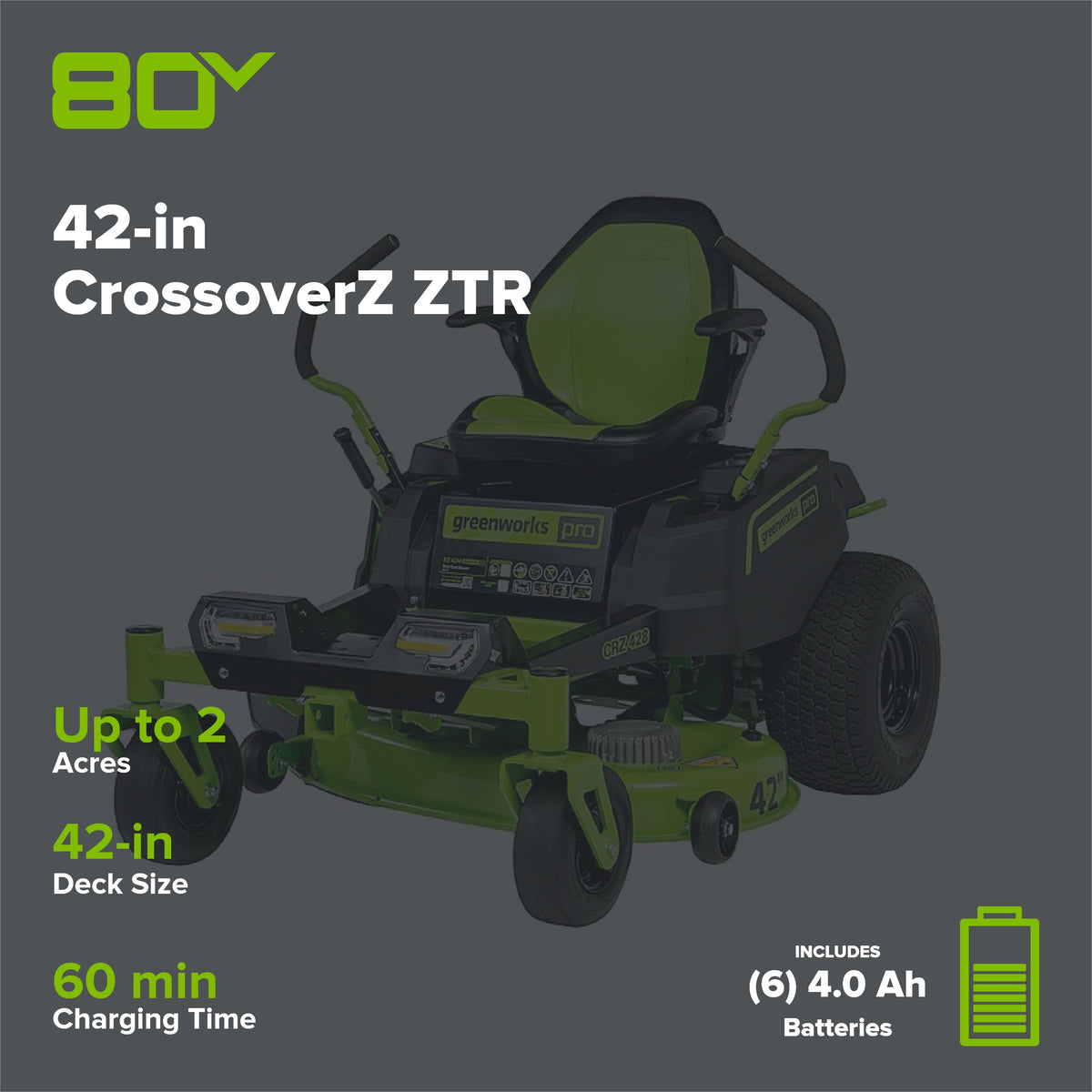 80V 42" Cordless Battery CrossoverZ Zero Turn Lawn Mower: (6) 4.0 Ah Batteries and (3) 8A Dual-Port Turbo Chargers, CRZ4281