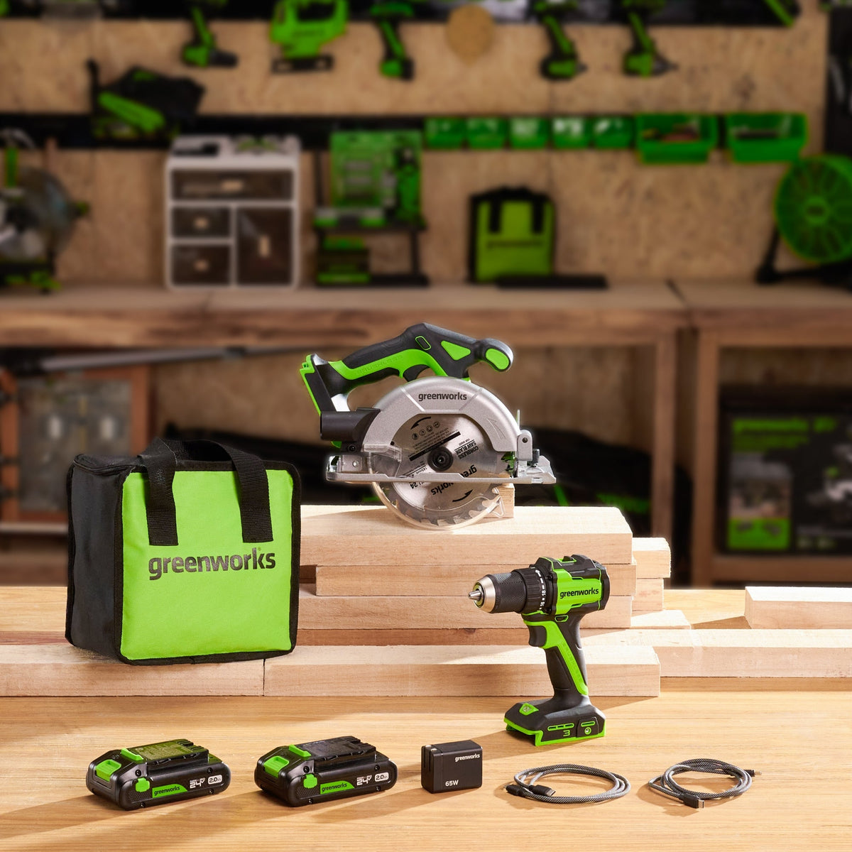 24V Brushless 1/2" 400 in/lbs Drill / Driver and 6.5" Circular Saw Combo Kit w/ (2) 2.0Ah USB-C Batteries and 65W USB-C Fast Charger
