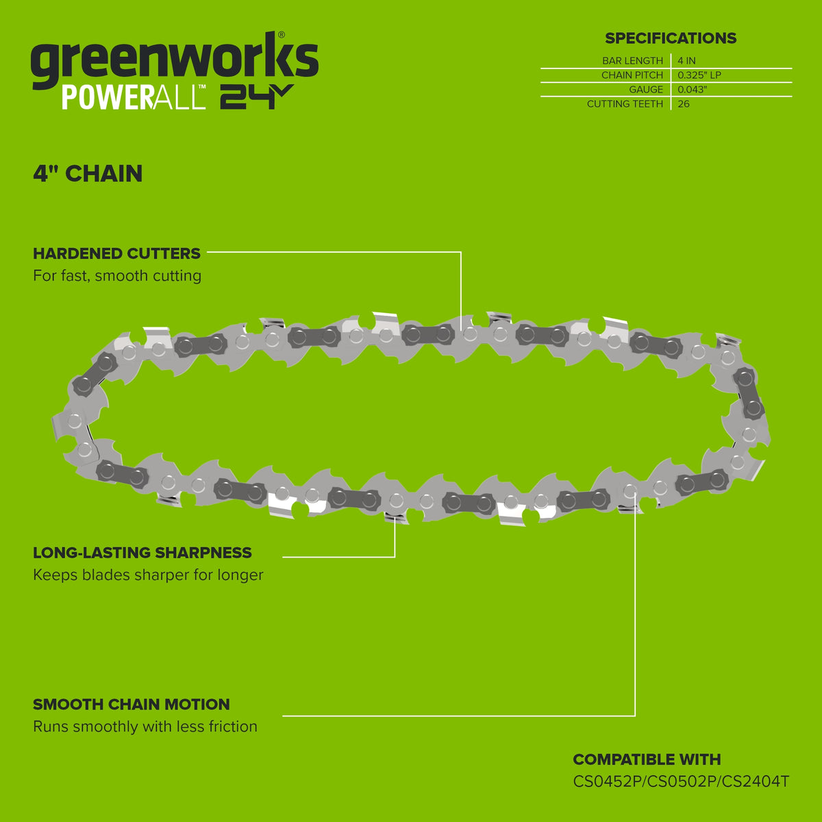 4" Chainsaw Chain, 0.3" Pitch, .043" Chain Gauge and 26 DL