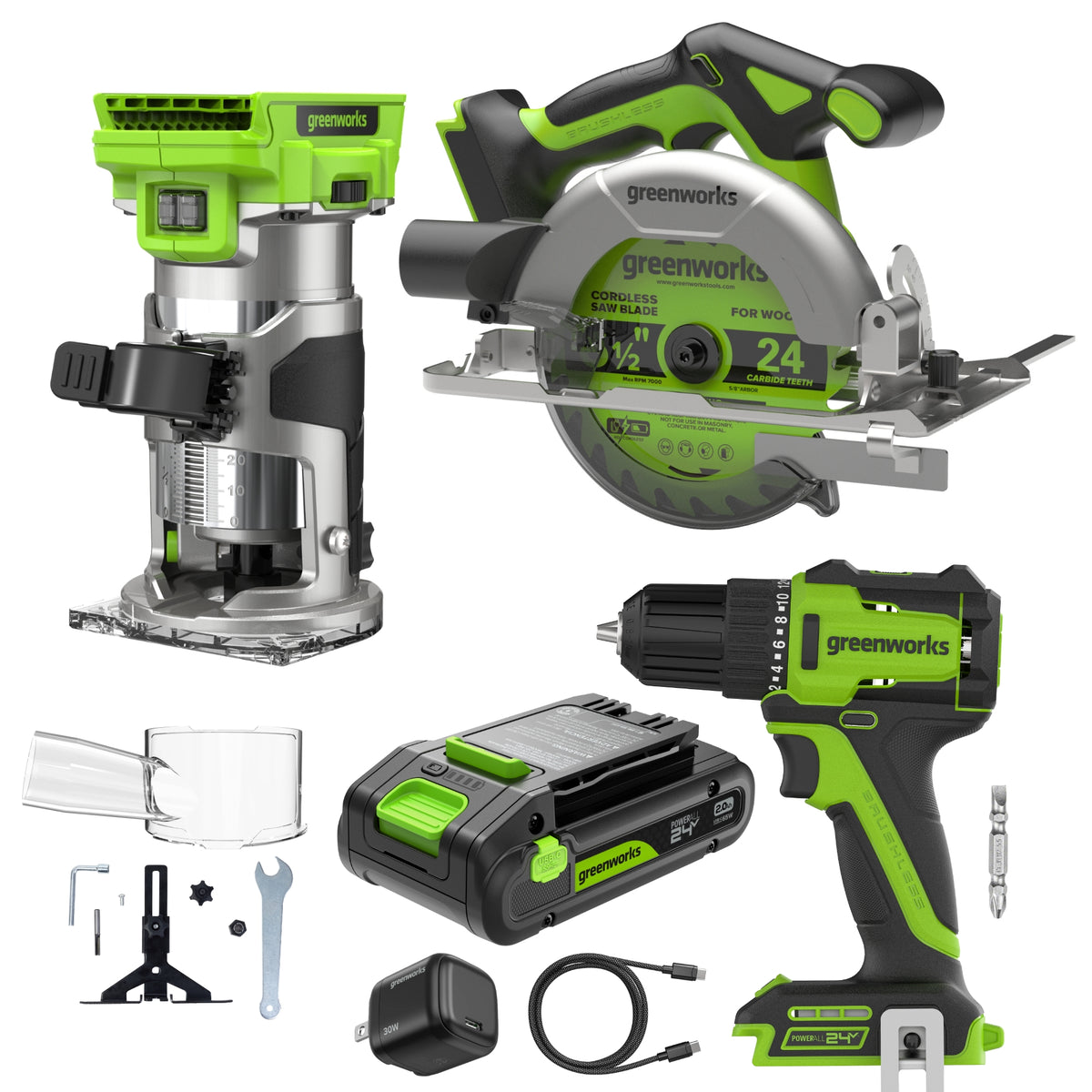 24V Cordless 280 in-lbs Drill/Driver Power Tool 3PC Combo Kit w/ 6-1/2" Circular Saw & Compact Router: (1) 2.0Ah USB-C Battery, (1) 30W USB-C Charger, (1) 3' 100W USB-C Cable