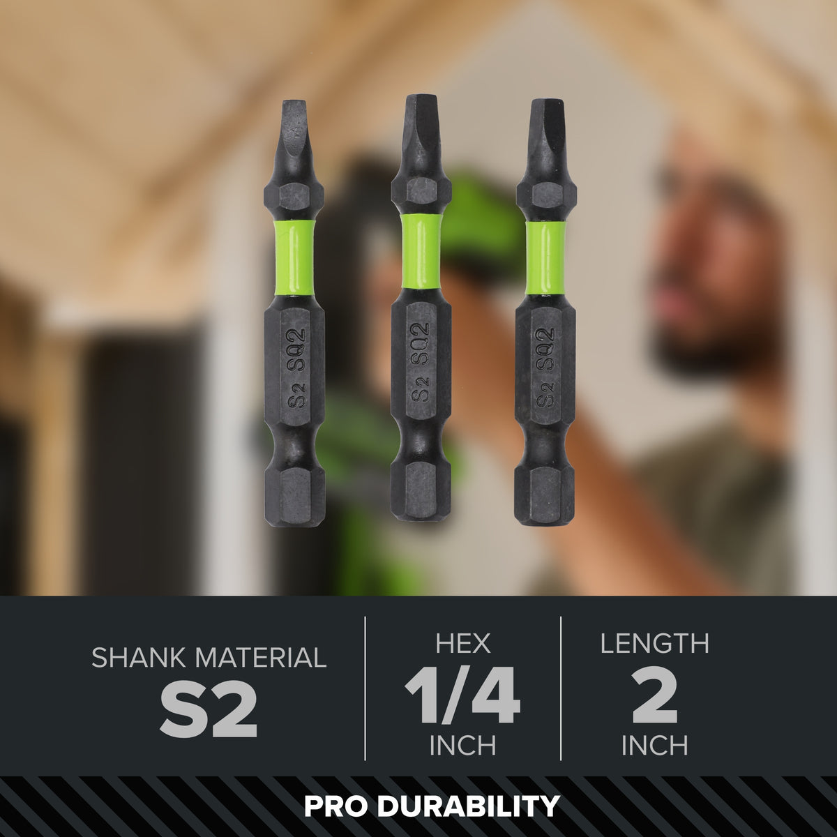 Pro 3-PC S2 2” Impact Rated Bits - Square (#2)