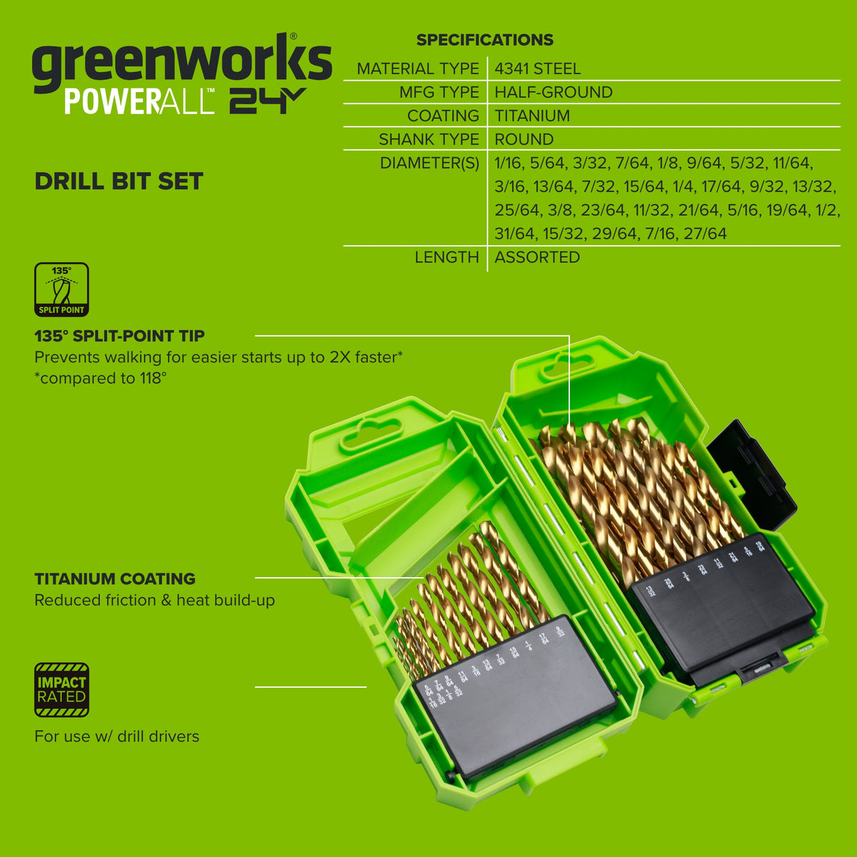 Half Ground 29-PC Titanium High-Speed Steel Index Drill Bit Set