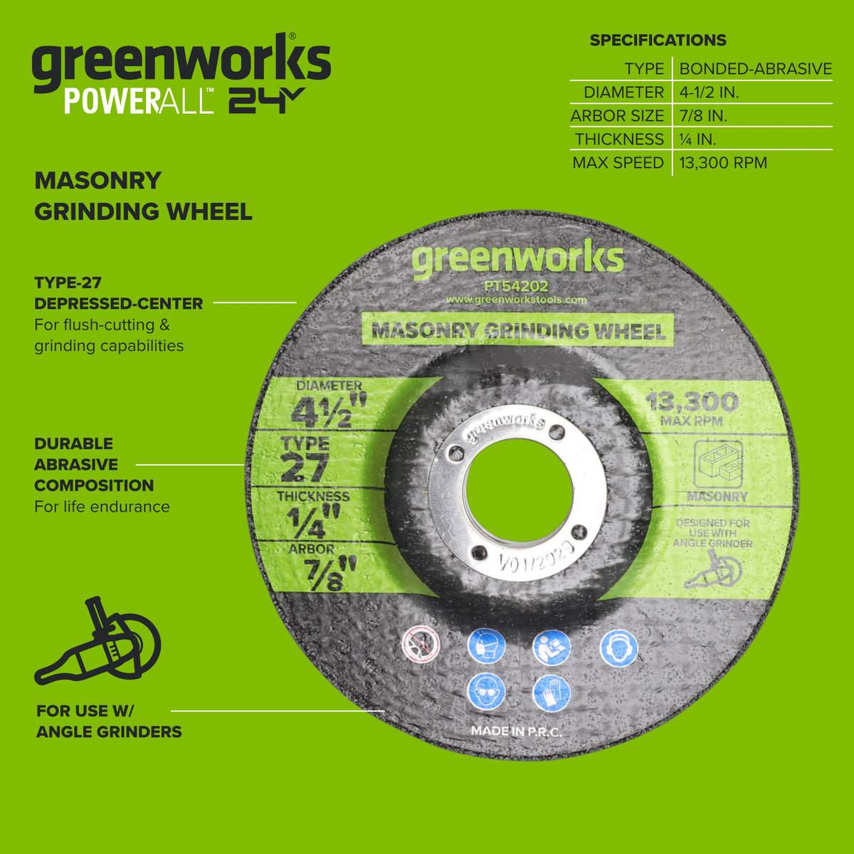 1-PC 4-1/2" Type 27 Masonry Grinding Wheel