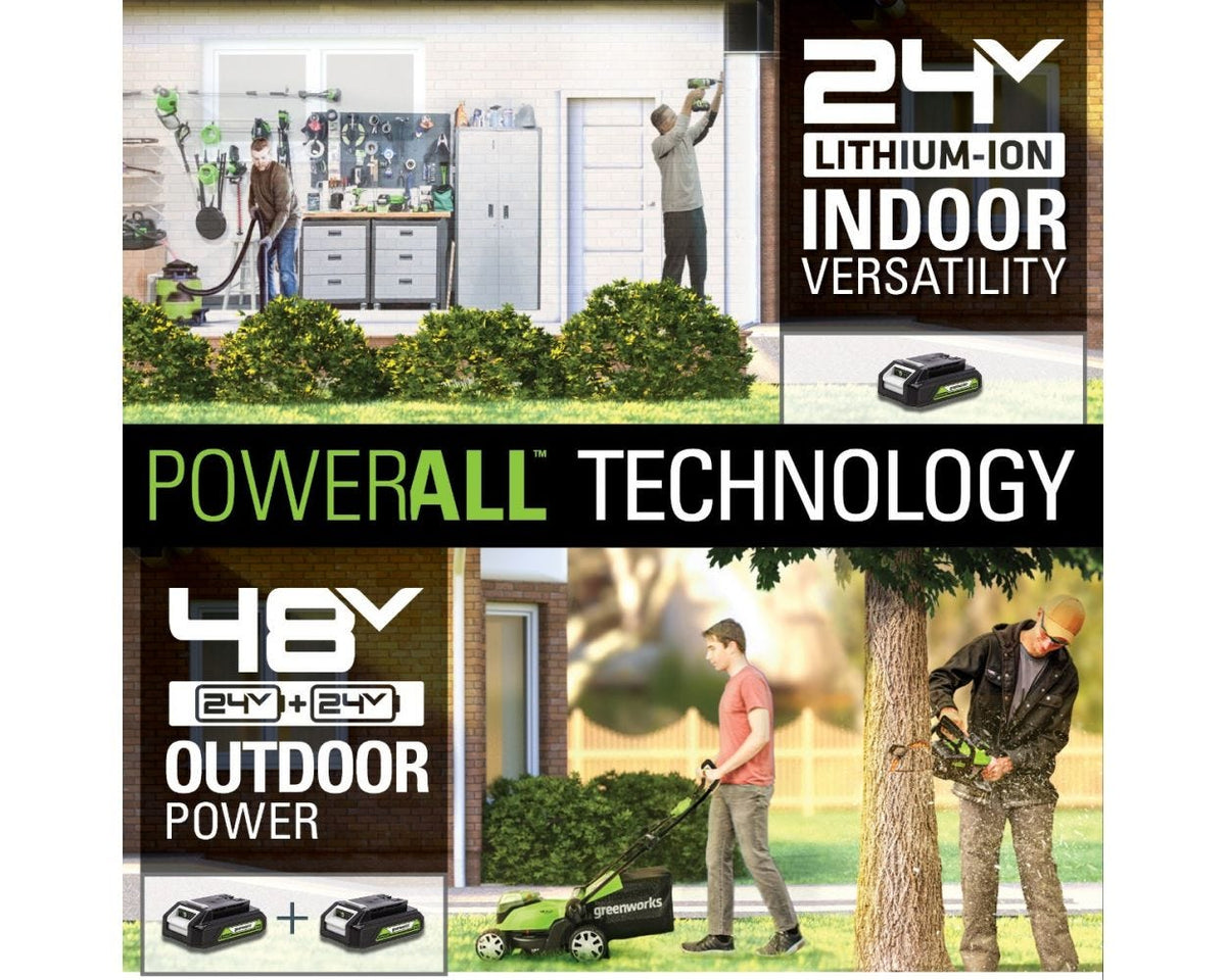 48V (24V x 2) 14" Cordless Battery Push Lawn Mower, 320CFM Leaf Blower and 10" String Trimmer Combo Kit: (2) 4.0 Ah USB Batteries and Dual-Port Charger