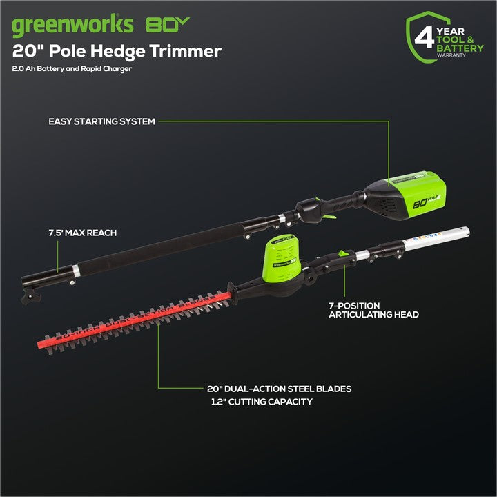 80V 20" Cordless Battery Pole Hedge Trimmer w/ 2.0Ah Battery & Charger