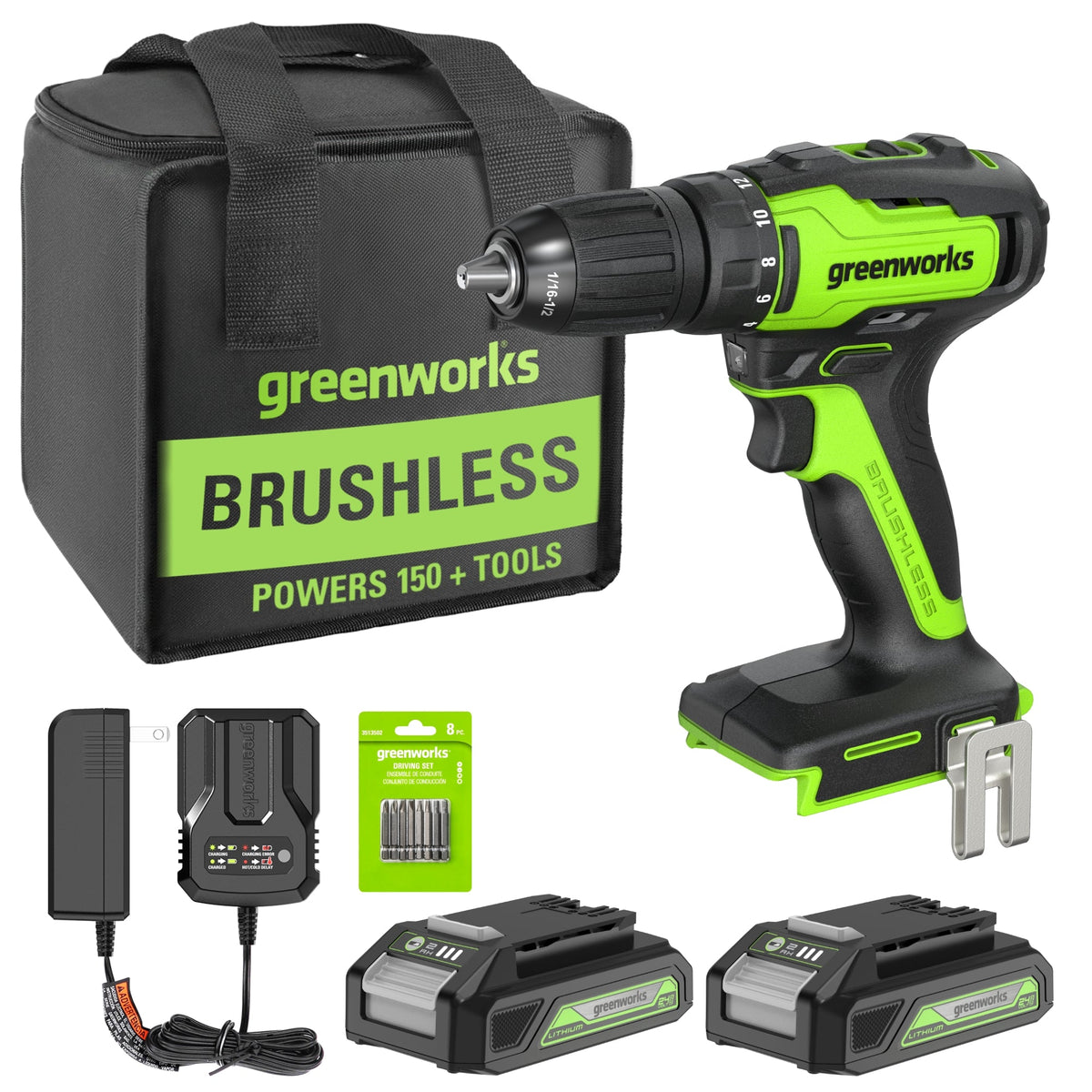 24V Brushless 1/2" 310 in/lbs Drill Kit: (2) 2Ah Batteries and Charger, 8-piece Bit Set and Tool Bag Included