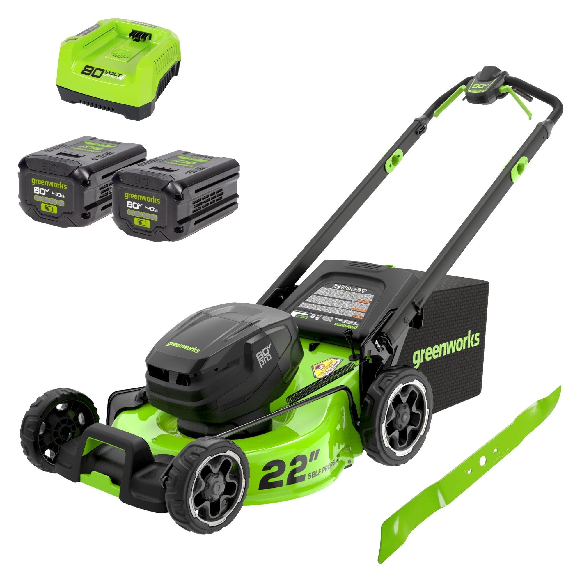 OPEN BOX 80V 22" Cordless Battery Dual Blade Self-Propelled Lawn Mower: (2) 4.0 Ah Batteries and Rapid Charger, LM2208S