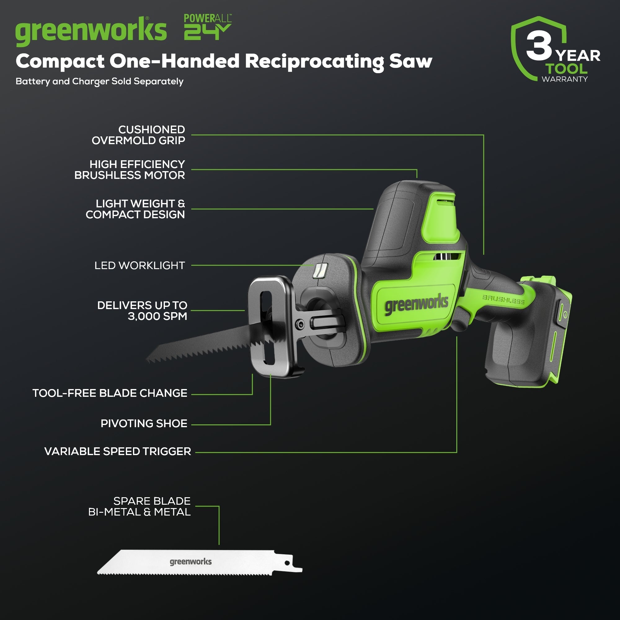 24V 1" One-Handed Compact Reciprocating Saw (Tool Only）