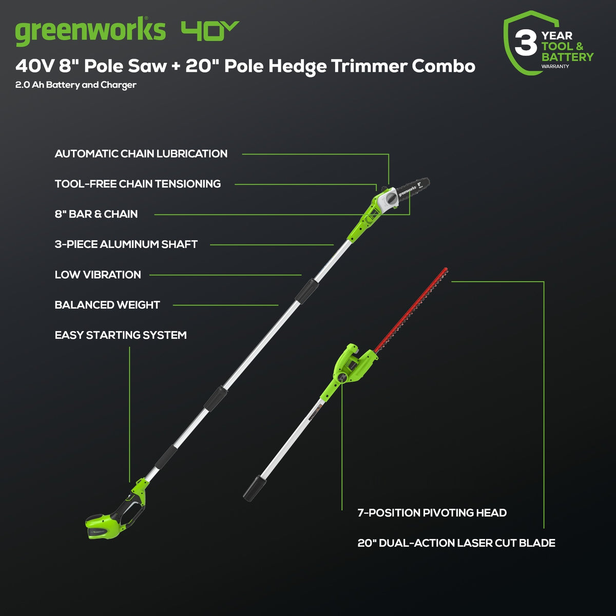 40V 8" Cordless Battery Pole Saw & Hedge Trimmer Attachment w/ 2.0 Ah Battery & Charger