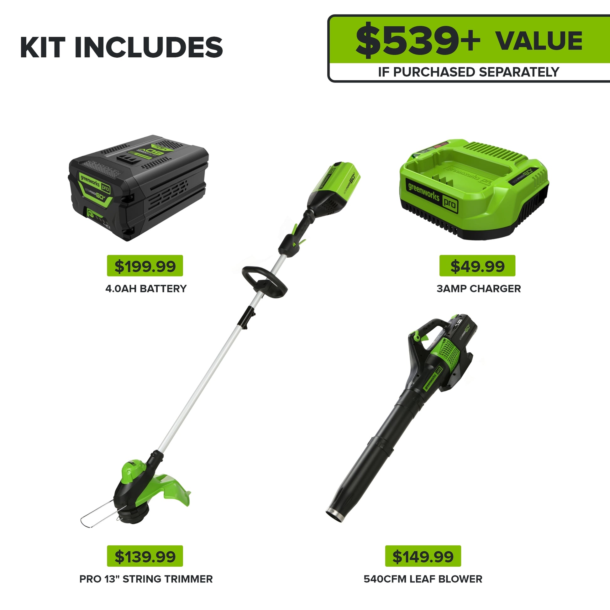 60V 13" Cordless Battery String Trimmer & 540 CFM Leaf Blower Combo Kit w/ 4.0Ah Battery & Charger