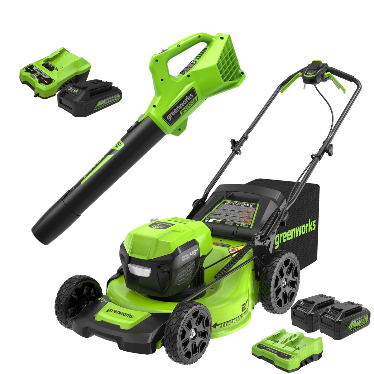 48V (24V x 2) 21" Cordless Battery Self-Propelled Mower & Blower Combo Kit w/ (3) Batteries & Chargers