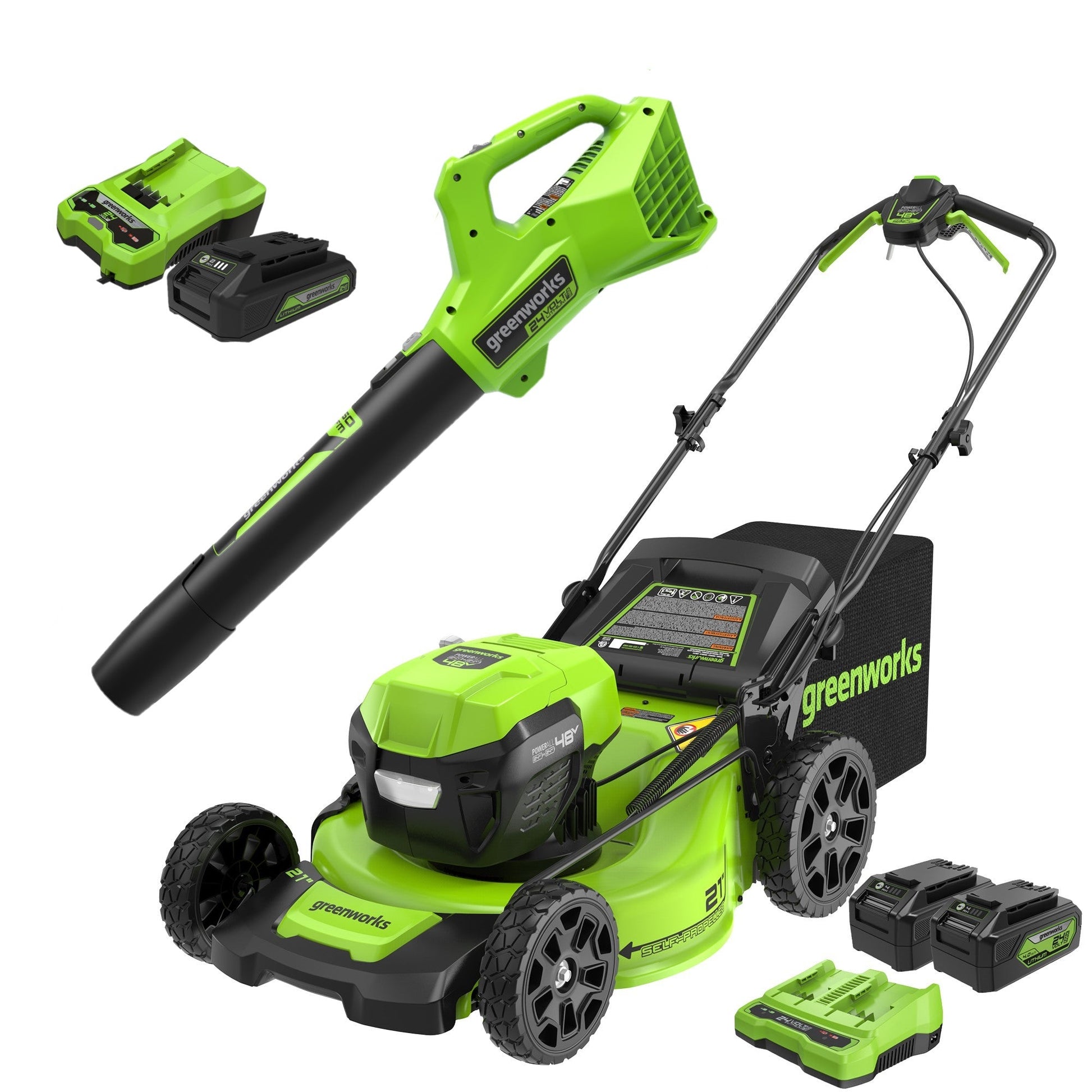 48V (24V x 2) 21" Cordless Battery Self-Propelled Mower & Blower Combo Kit w/ (3) Batteries & Chargers
