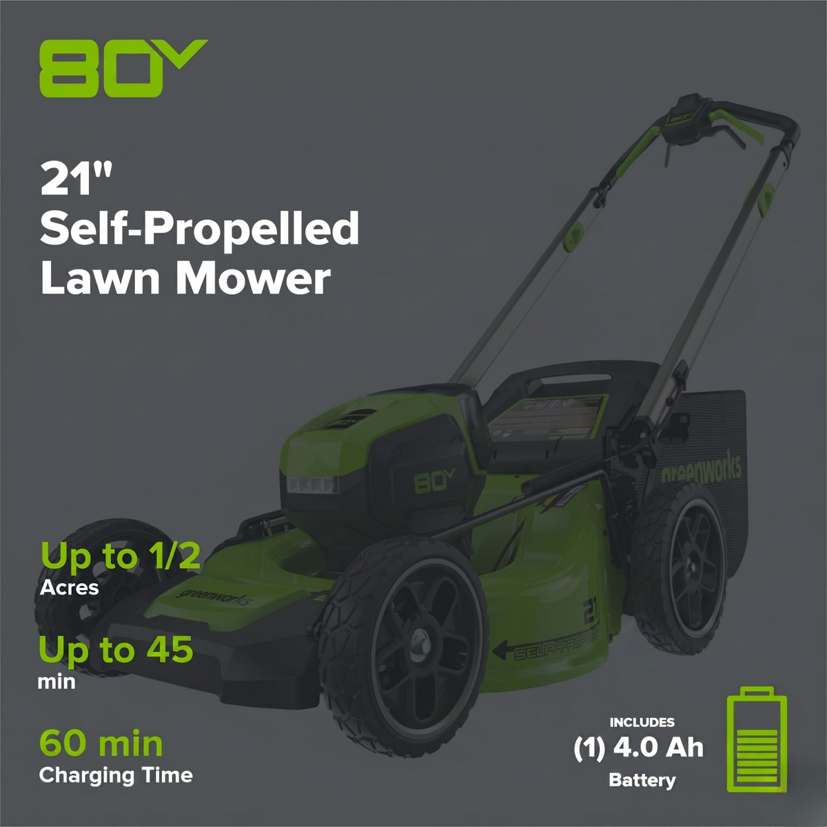 OPEN BOX 80V 21" Cordless Battery Brushless Self-Propelled Mower 3pc Combo Kit: 4.0 Ah Battery and 4A Charger