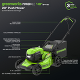 48V (24V x 2) 20" Cordless Battery Push Mower 3pc Combo Kit w/ (2) 4.0Ah Batteries & Dual Port Chargers