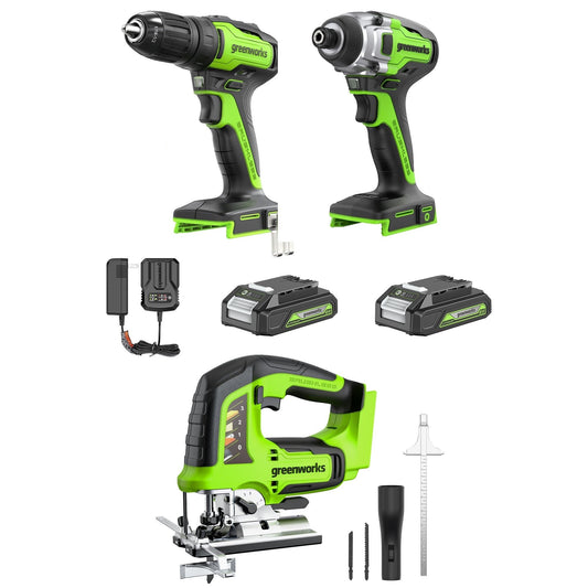24V Drill, Impact Driver & Jig Saw 3PC Combo Kit w/ (2) Batteries & Charger