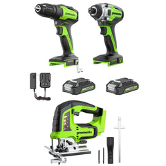 24V Drill, Impact Driver & Jig Saw 3PC Combo Kit w/ (2) Batteries & Charger