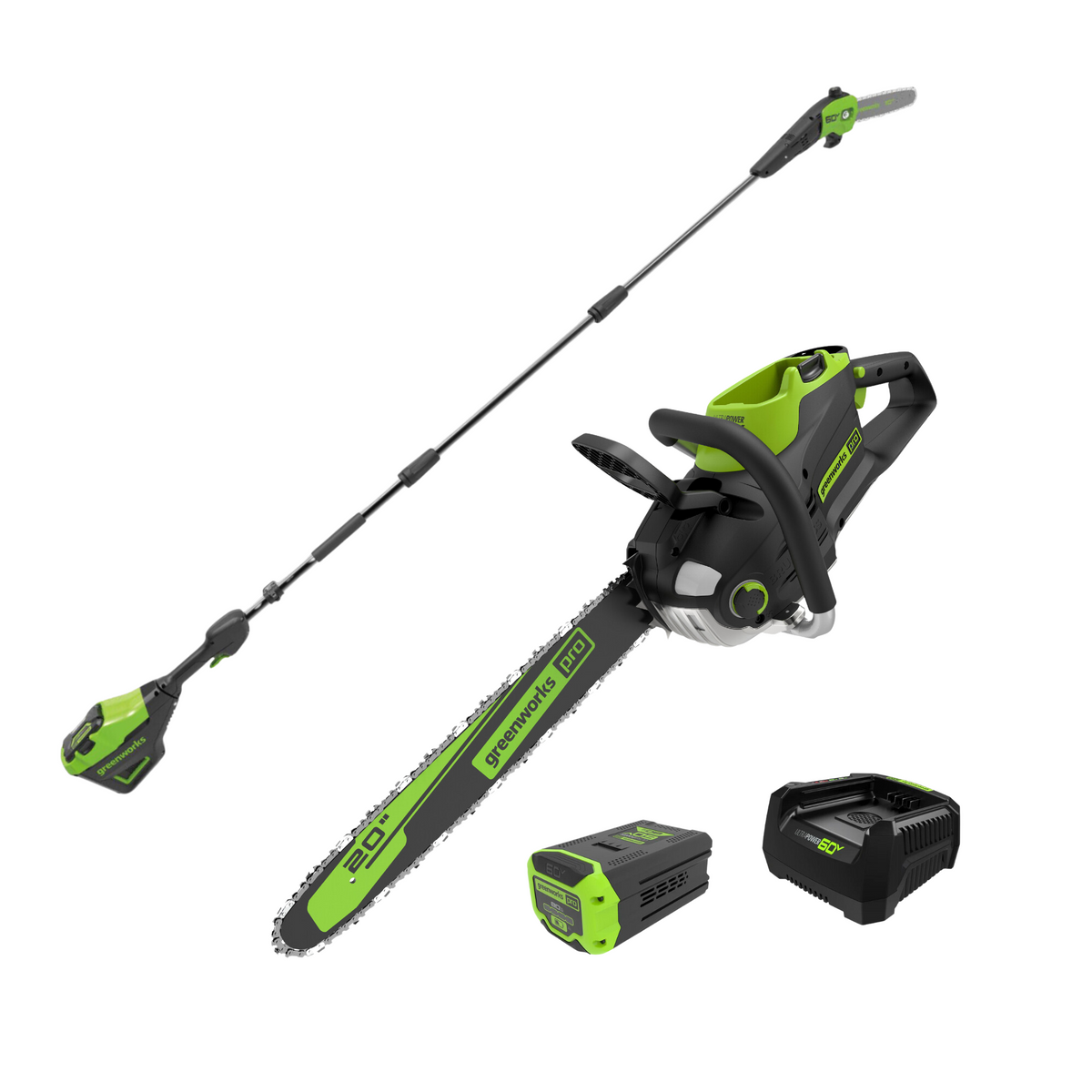 60V 20" Cordless Battery 3.2kW Chainsaw & 10" Pole Saw Combo Kit w/ 8.0Ah Battery & Rapid Charger