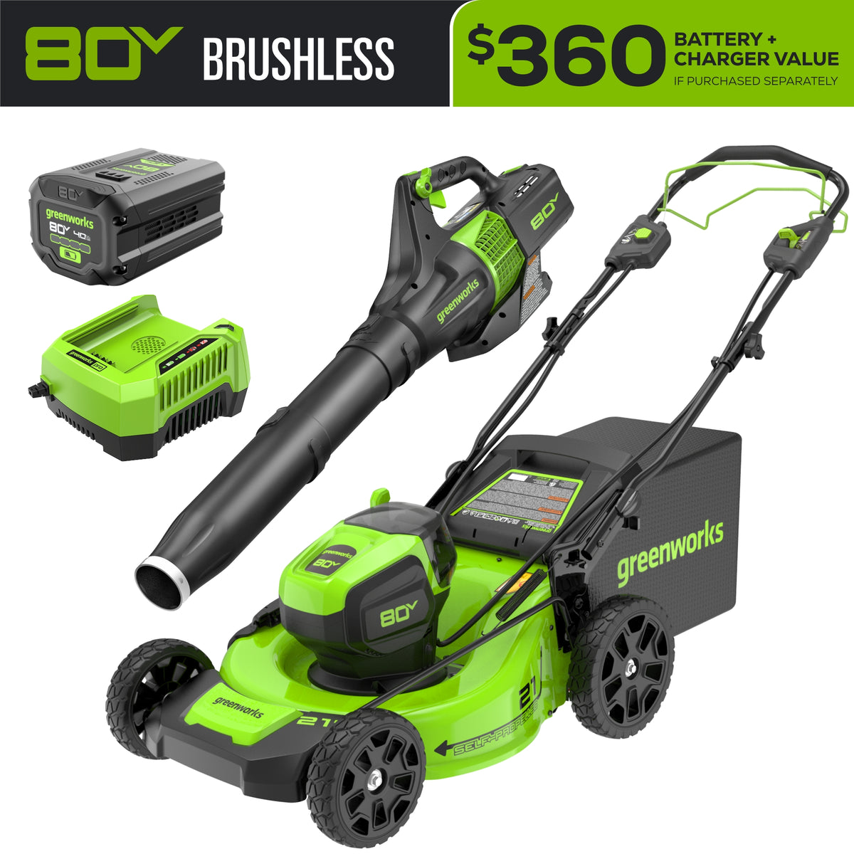 80V 21" Cordless Battery Self-Propelled Mower & Blower w/ 4.0Ah Battery & Rapid Charger