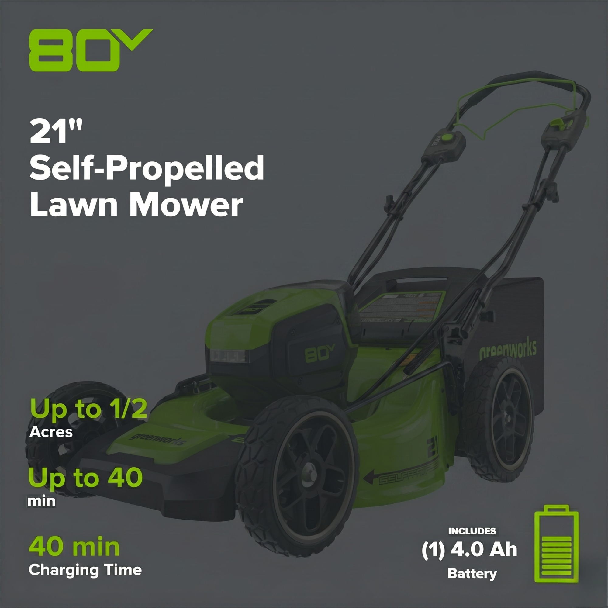 80V 21" Cordless Battery Self-Propelled Mower and Blower: 4.0 Ah Battery and Rapid Charger