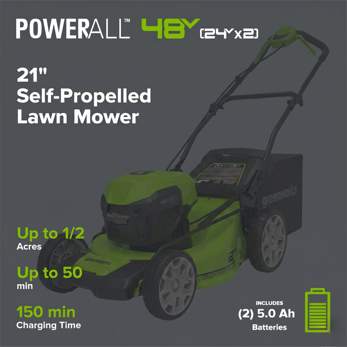 OPEN BOX 48V (24V x 2) 21" Cordless Battery Self-Propelled Mower 3PC Combo Kit: (2) 5.0Ah Batteries,(1) 2.0 Ah Battery,(1) Dual-Port Rapid Charger and (1) Charger