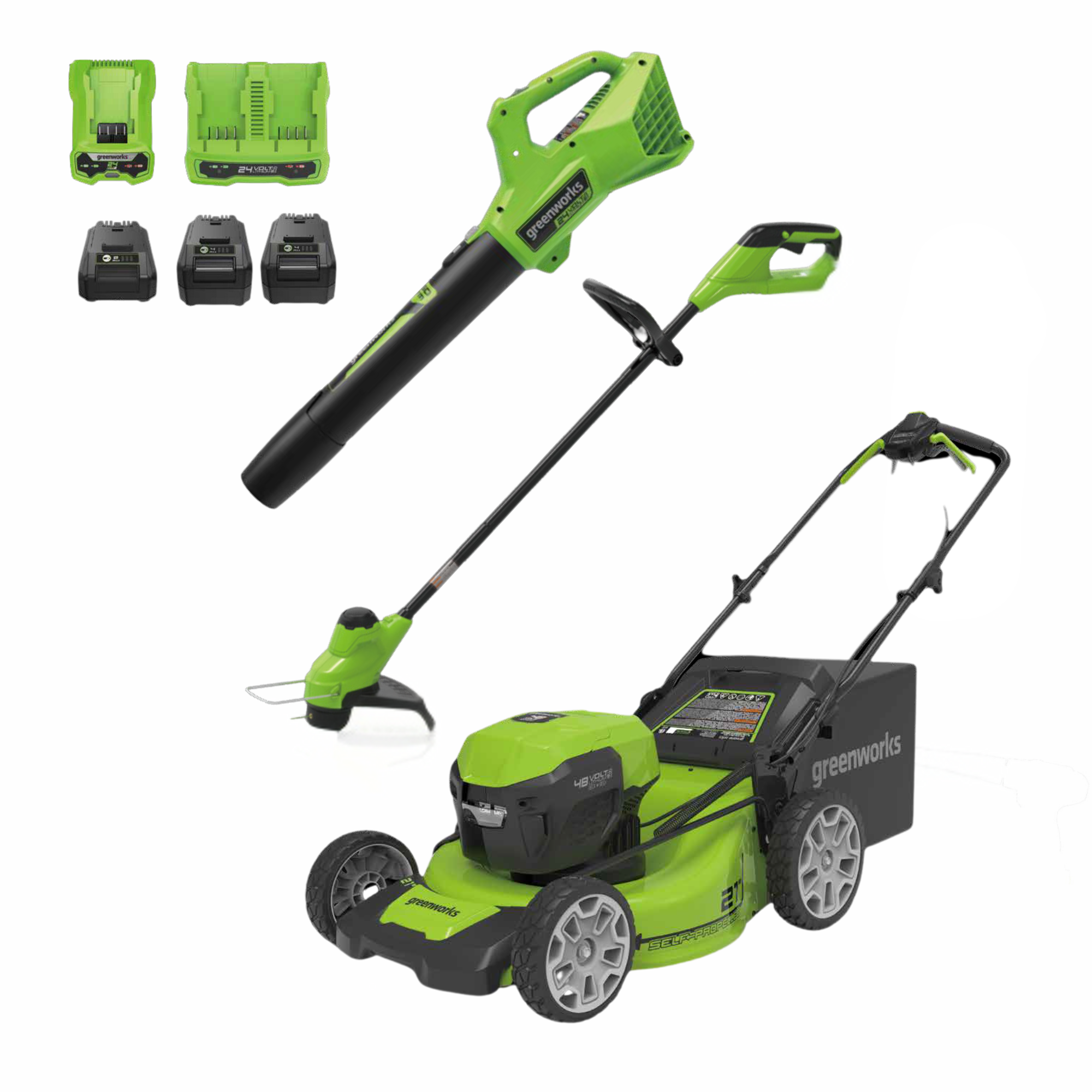 RENEWED 48V (24V x 2) 21" Cordless Battery Push Mower 3PC Combo Kit w/ (2) 5.0Ah Batteries,(1) 2.0Ah Battery,(1) Dual Port Rapid Charger & (1) Charger