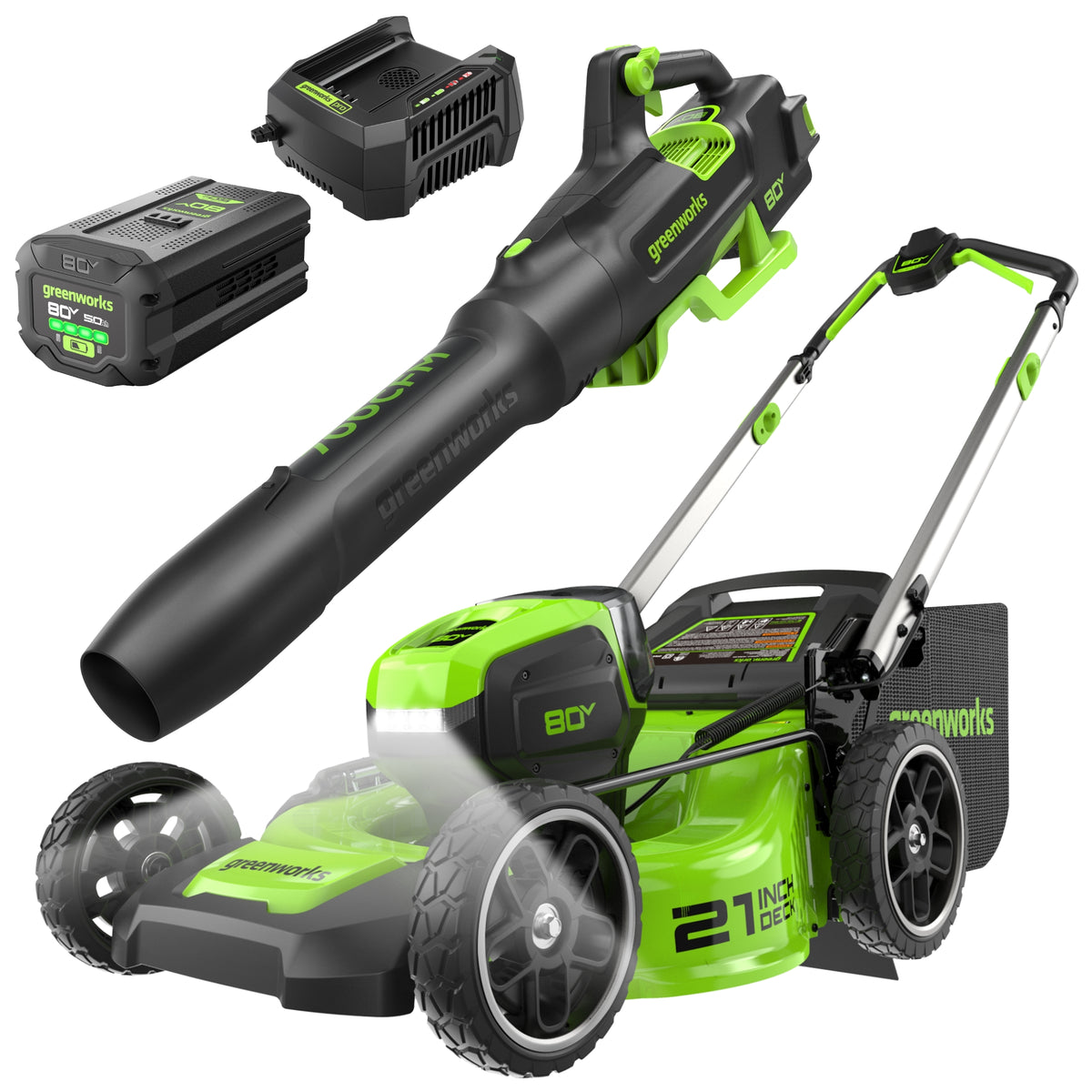 80V 21" Cordless Battery 4-in-1 Push Lawn Mower & 700CFM Blower Combo Kit w/ 5.0Ah Battery & 6A Charger