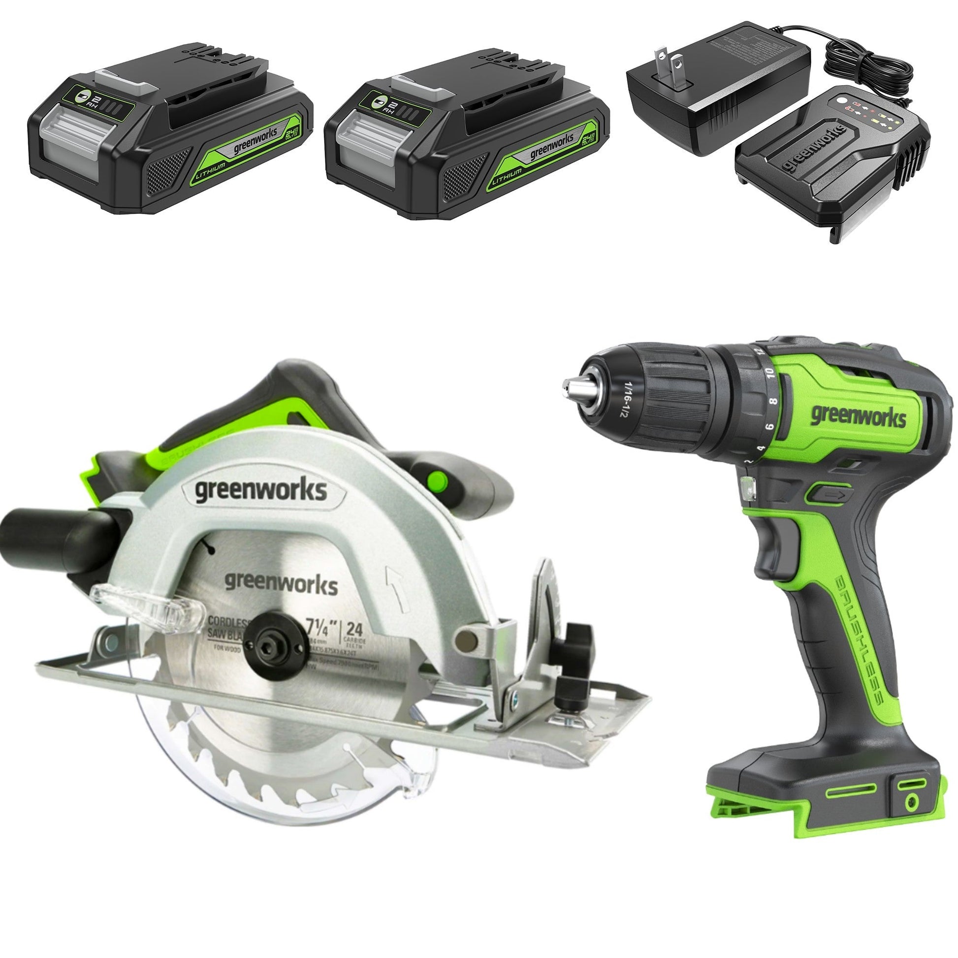24V Brushless 1/2" Drill & 7-1/4'' Circular Saw Combo Kit w/ (2) 2.0Ah Batteries & Charger