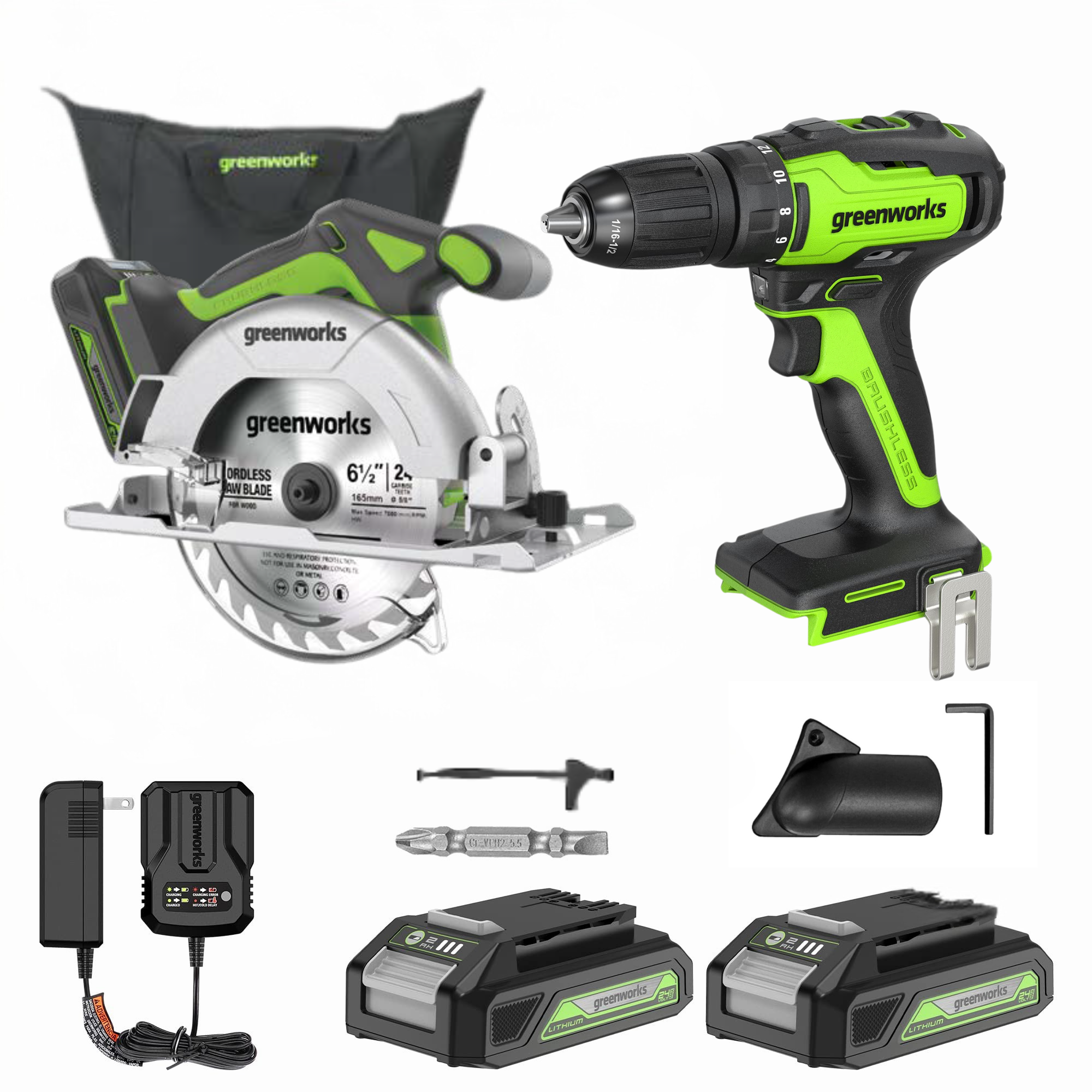 24V Brushless 1/2" 310 in/lbs Drill / Driver and 6.5" Circular Saw Combo Kit w/ (2) 2.0Ah Batteries and Charger