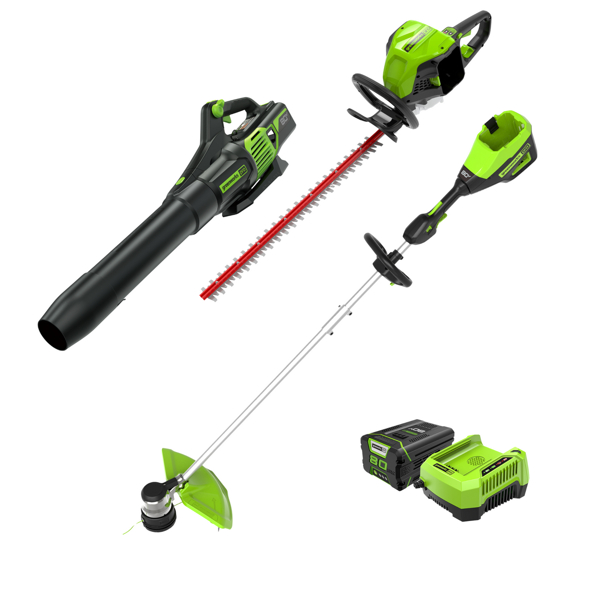 80V 16" Cordless Battery String Trimmer, 730 CFM Blower and 26" Hedge Trimmer Combo Kit: 2.0 Ah Battery and Charger