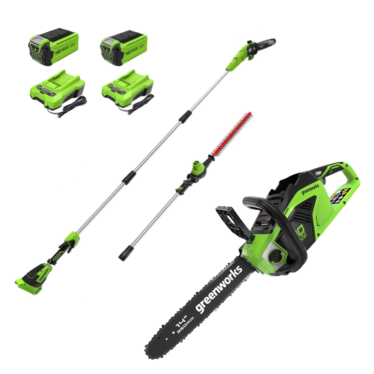 40V 14" Cordless Battery 1.0kW Chainsaw & 10" Pole Saw & Hedge Trimmer Attachment w/ (2) 2.5Ah Battery & (2) Chargers